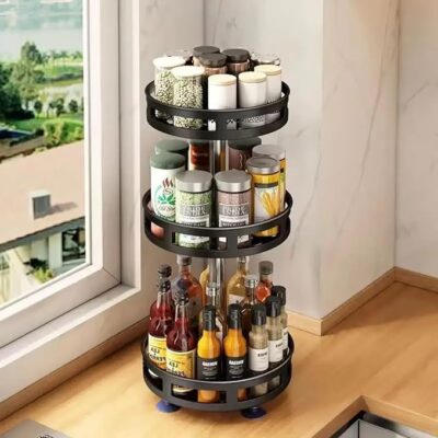 360° Rotating Spice Rack – 3-Tier Organizer for Countertop, Sturdy Kitchen Storage for Spices, Seasonings & Condiments – Space-Saving Round Turntable (Black)