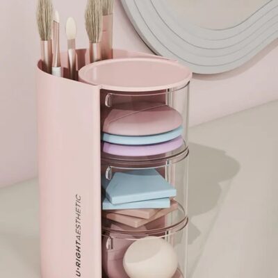 Makeup Brush Holder Organizer,Clear Acrylic Makeup Sponges Organizer,Cosmetic Storage caddy with drawers, Makeup Sponges Organizer, Makeup Display Case for Vanity (Pink, Medium 3-layer)
