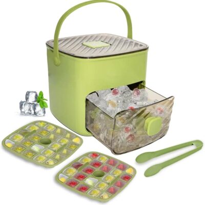Ice Cube Tray for freezer with 2 Trays and Ice Storage Bin Tweezers, 48 Grid Ice Making Mold Ice Maker with Easy to Press Lid, for Whiskey Cocktails Beer Coffee (Green)