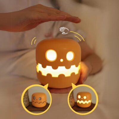 Pumpkin Night Light with Smiling Face | Halloween Battery Operated & Rechargeable Lamp with Timer for Home