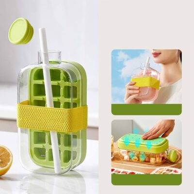 Ice Cubes Bottle,2-in-1 Ice Making Bottle with Lid & Bin,Release Ice Mold Freeze