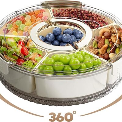 Divided Serving Tray with Lid, Rotating Snackle Box Container Snack Veggie Tray with Lid and Handle, Fruit Platter Snack Spinner Container for Charcuterie Veggie Fruit Picnic Travel Party