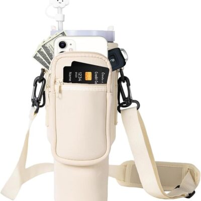 Shoulder Strap Bottle Sling, Hiking Water Bottle Carrier, Durable Multifunctional Bottle Sling with Extra Pouch, Phone Pocket Bottle Carrier, Water Bottle Holder Bag for Women Hiking Camping