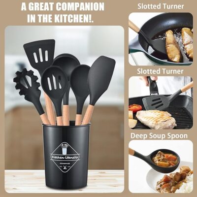 12 Pcs Silicone Cooking Utensils Kitchen Utensil Set - 446°F Heat Resistant,Turner Tongs, Spatula, Spoon, Brush, Whisk, Wooden Handle Grey Kitchen Gadgets with Holder for Nonstick Cookware