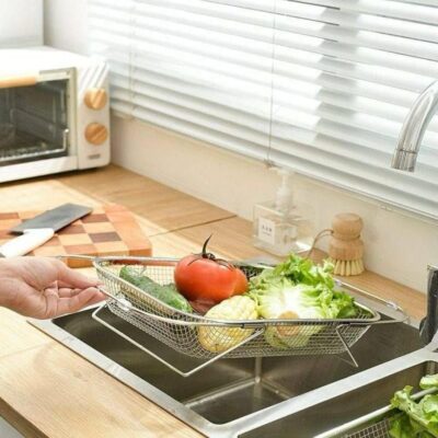 The Sink Stainless Steel Oval Colander with Fine Mesh 6 Quart Strainer Basket & Expandable Handles - Strain, Drain, Rinse Fruits, Vegetables
