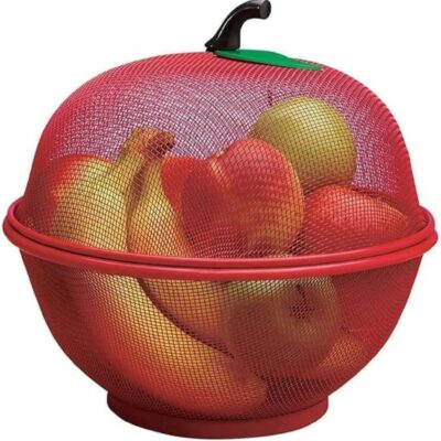 Fruit Basket with Lid & Net Cover - Large Steel Apple Shape Storage Basket for Fruits & Vegetables, Protective Food Storage, Kitchen Strainer for Fresh Produce, Decorative Dining & Kitchen Use