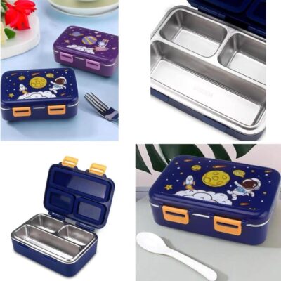 Thermal Insulated Lunch Box Leak Proof Tiffin Box 3 Compartment Stanless Steel Lunch Box with Removeble Inner Plate Reuseble Food Containers for Adults and Kids