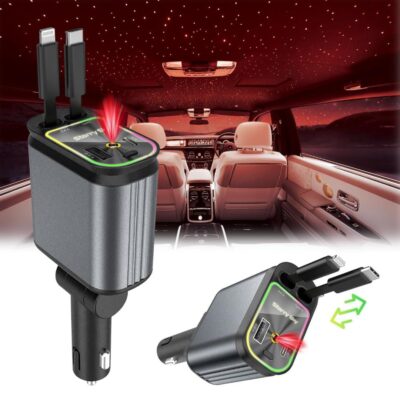 Retractable Car Charger with Starlight Projection on Car Roof | Car Accessories Super Fast Car Charger 4 in 1 | Compatible with iPhone and Android | Retractable Cables 32 Inches
